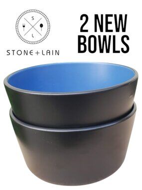 NEW Stone Lain 2 Bowls Stoneware Dinnerware Set Blue and Black Dishwasher and Mi